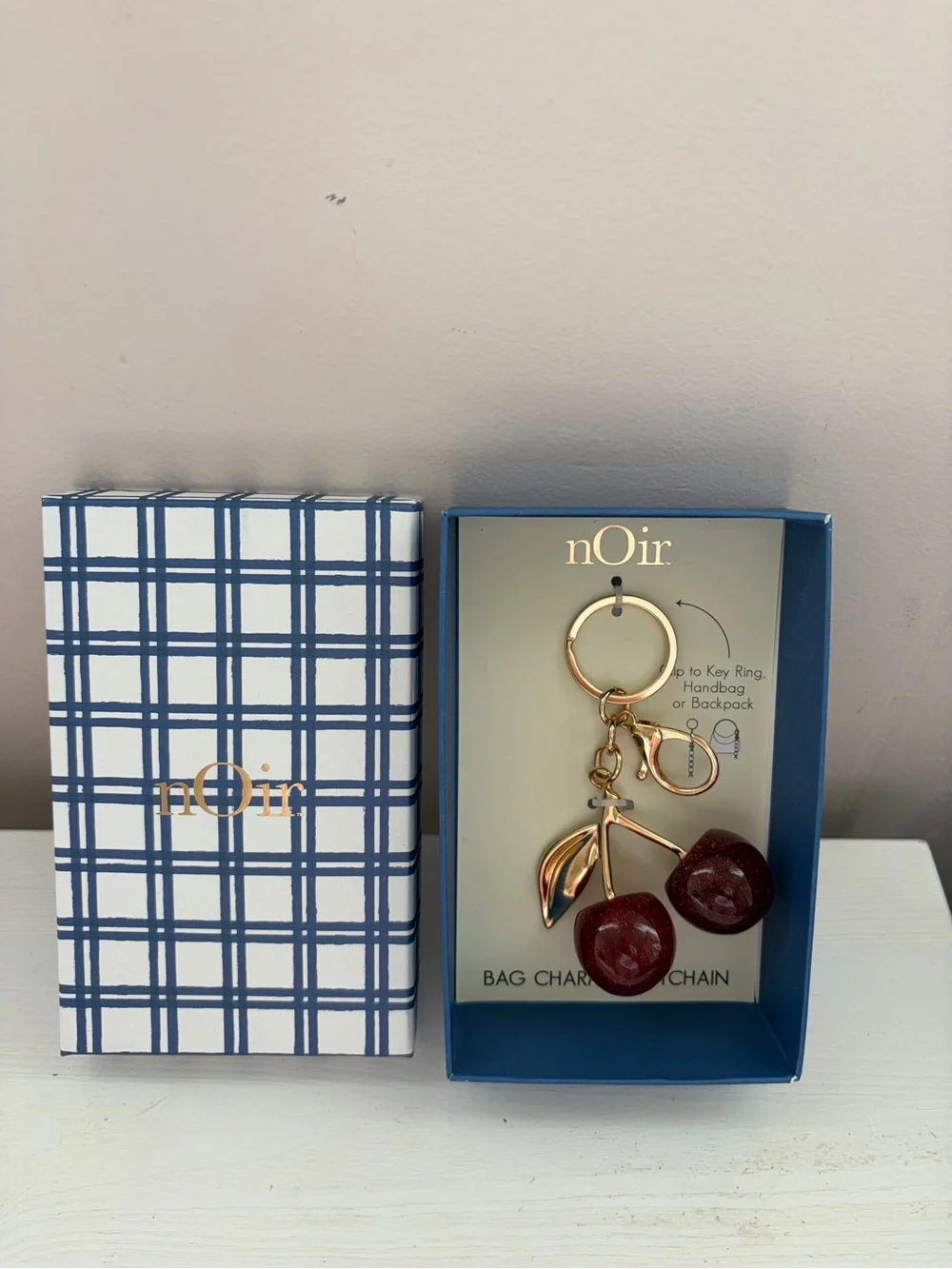 nOir Cherry Bag Charm Keychain - Gold Hardware with Deep Red Cherries